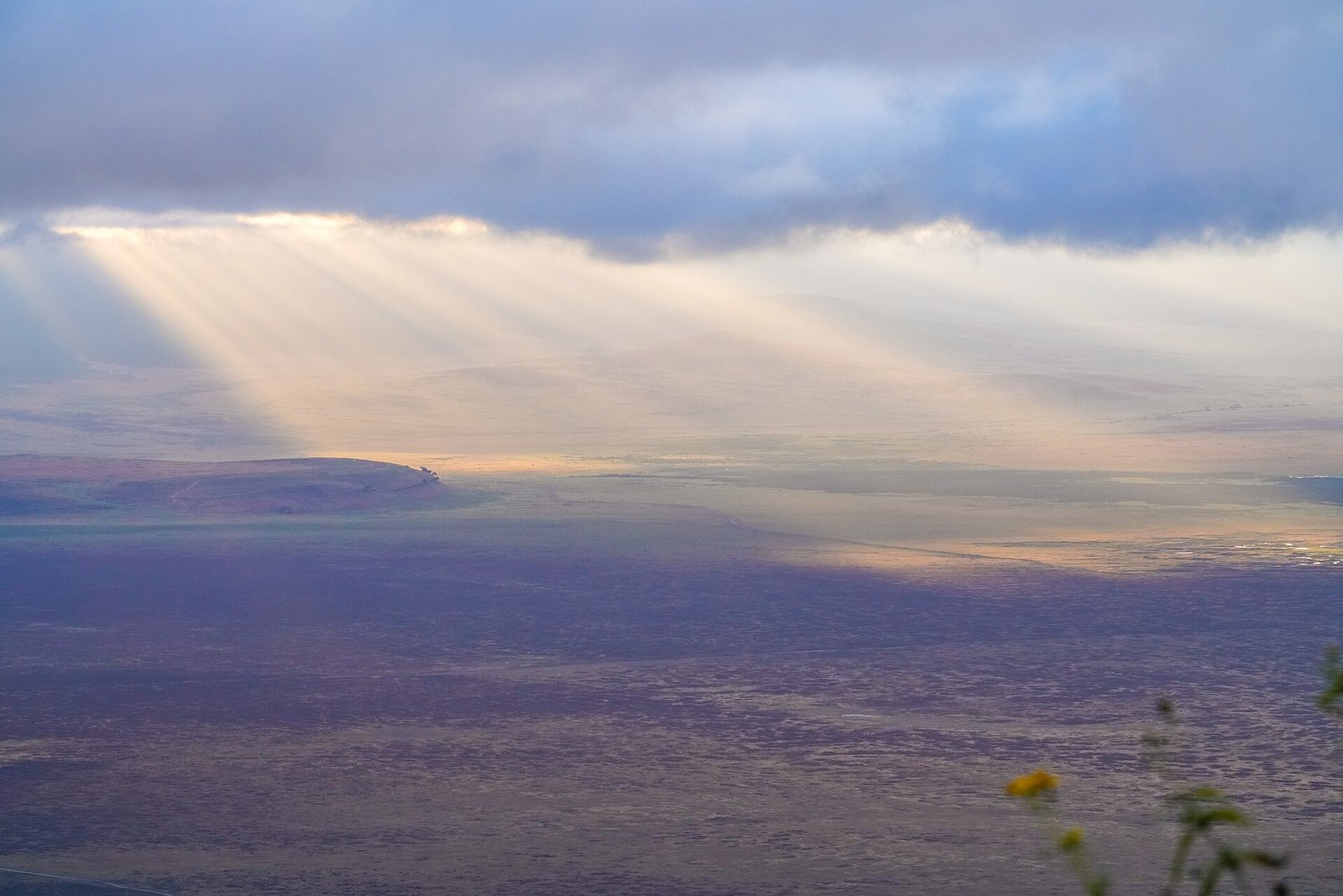 Sunlight breaking through clouds over the floor of the Ngorongoro Crater